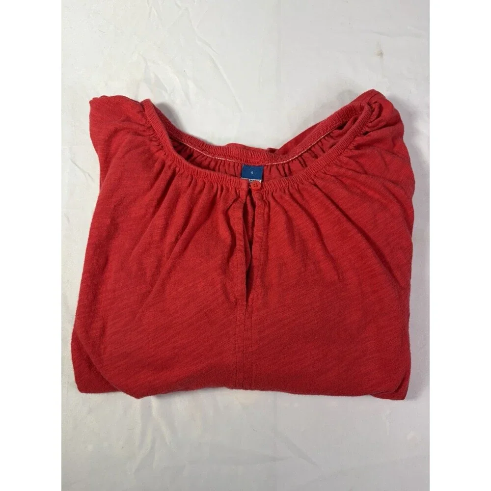 Old Navy Womens Large Red Cotton Slub Puff Sleeve Keyhole Blouse Top